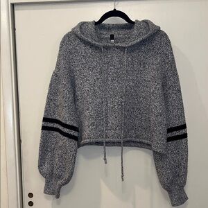 Onzie Gray Cropped Hooded Sweater with Black Stripe Detail